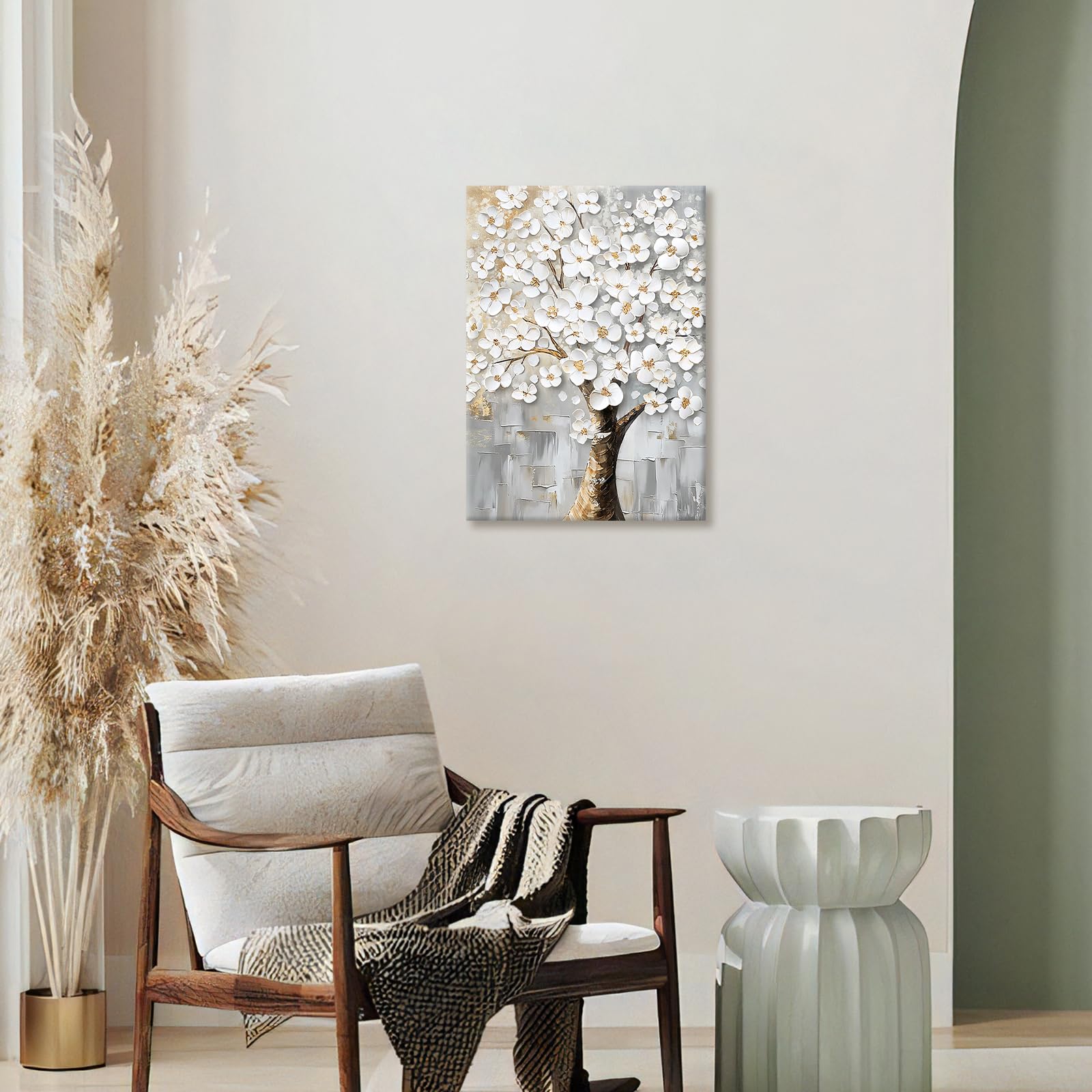 Wooden Framed Canvas Wall Art White Flowers Tree Painting on Canvas Print Poster Abstract Floral Tree of Life Pictures for Living Room Bedroom Home Office Hallway Corridor Wall Decor 40x60cm - Image 4
