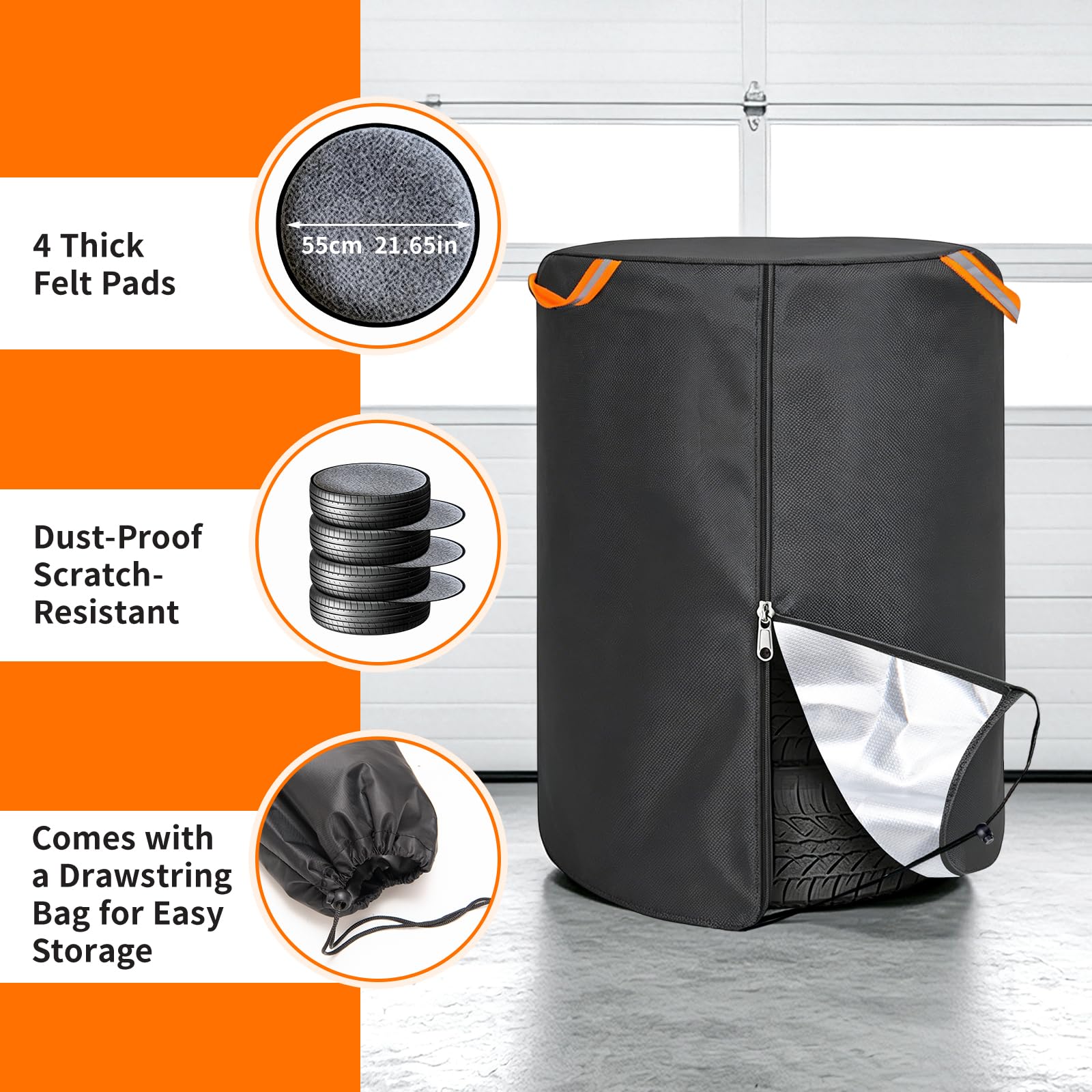 Housse de Pneu Universelle pour 4 Pneus, Housse Voiture Exterieur Imperméable 420D Oxford, Protege Jantes Voiture Anti-Poussière avec Fermeture Éclair et Cordon de Serrage, Sac de Rangement Inclus