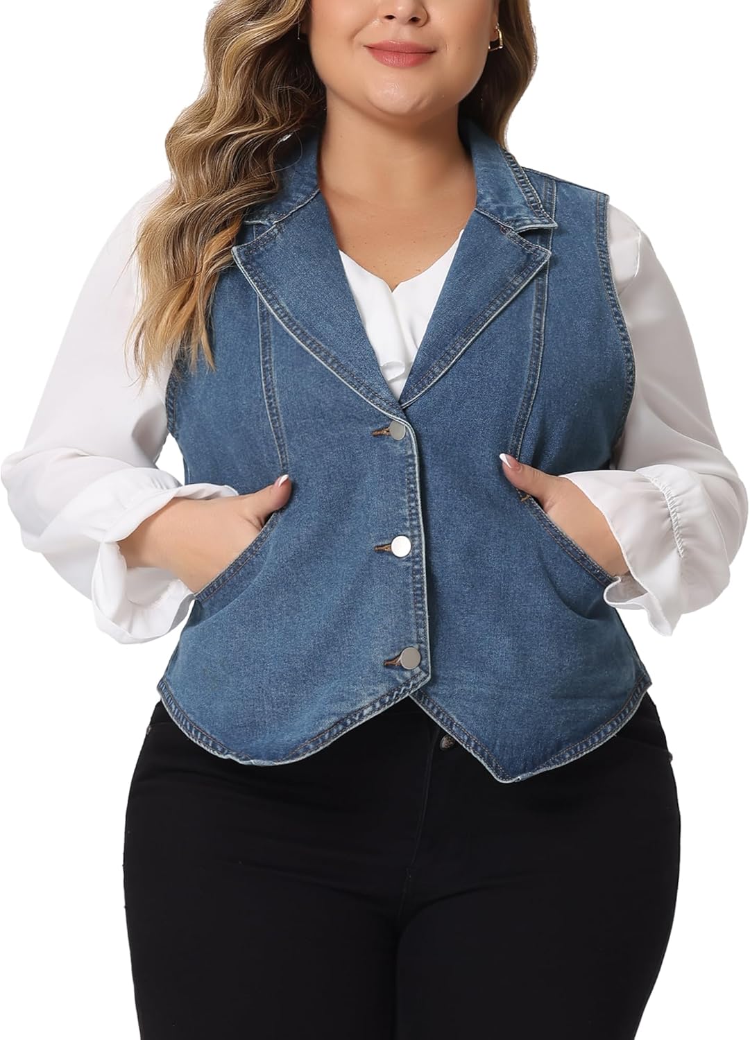 Agnes Orinda Plus Size Denim Vest for Women Lapel Sleeveless Casual Waistcoat Jean Vest Jacket