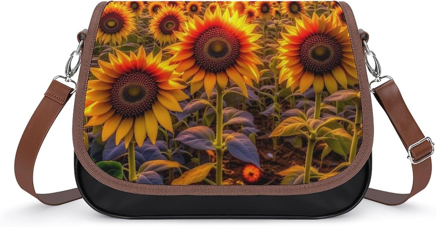 Women's Faux Leather Large Flap Crossbody Purse Handbag Shoulder Bag Compatible with Beautiful Sunset Sunflowers for Travel