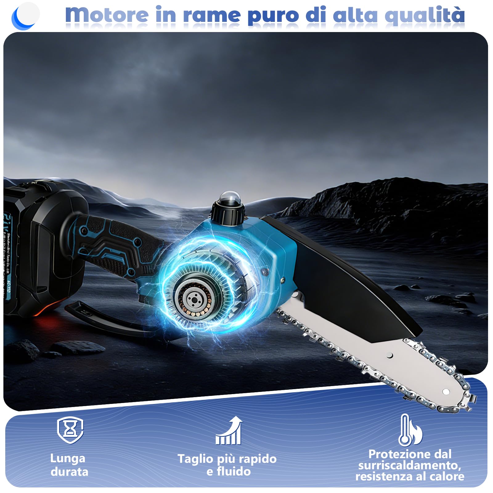 Mini motosega con batteria da 4000 mAh, 6 pollici, mini motosega elettrica con olio automatico e batteria da 2 × 2000 mAh, batteria per cesoie da giardino, potatura potatura (blu)