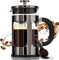 Vista 10 de BAYKA cafetera y tetera de prensa francesa de acero inoxidable 304, con sistema de filtración de 4 niveles, vidrio de borosilicato grueso resistente