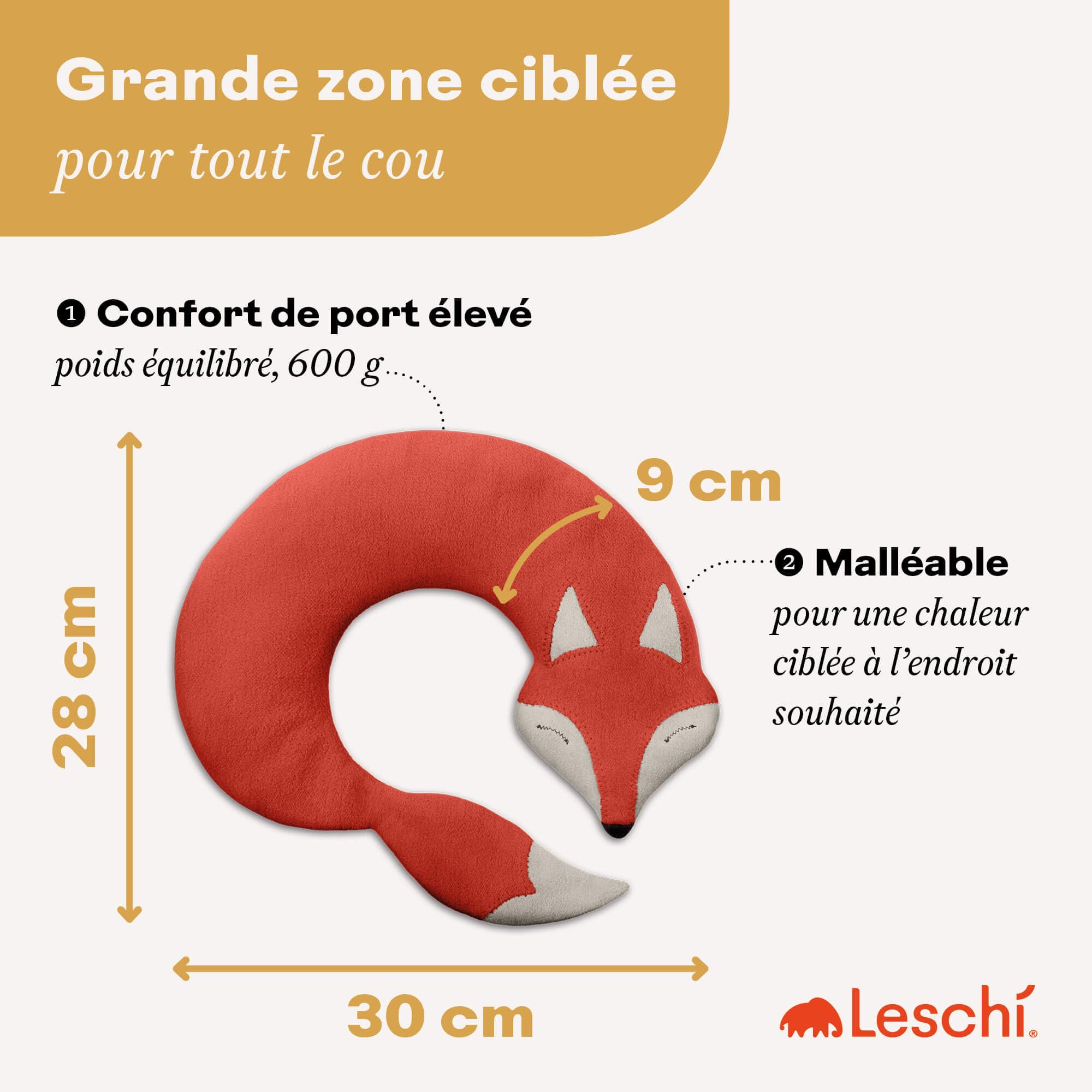 LESCHI Coussin chauffant micro ondes en coton 100% bio, Renard rouge, Bouillotte graines de blé 100% bio, Bouillotte micro-ondes idéale pour réchauffer cervicale, épaules, cou, nuque