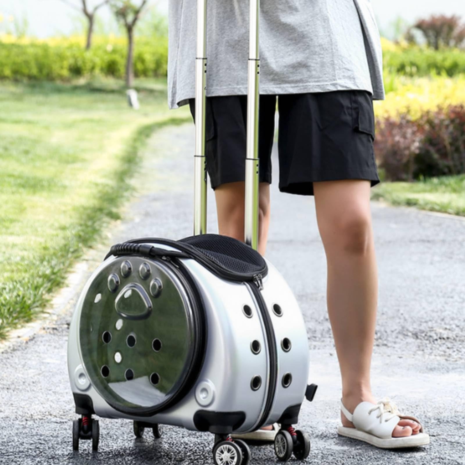 Transportín con Ruedas Transportín con Cápsula Ventilado Mochila Ruedas para Gatos, Viajes, Verinario, Paseos, Plateado