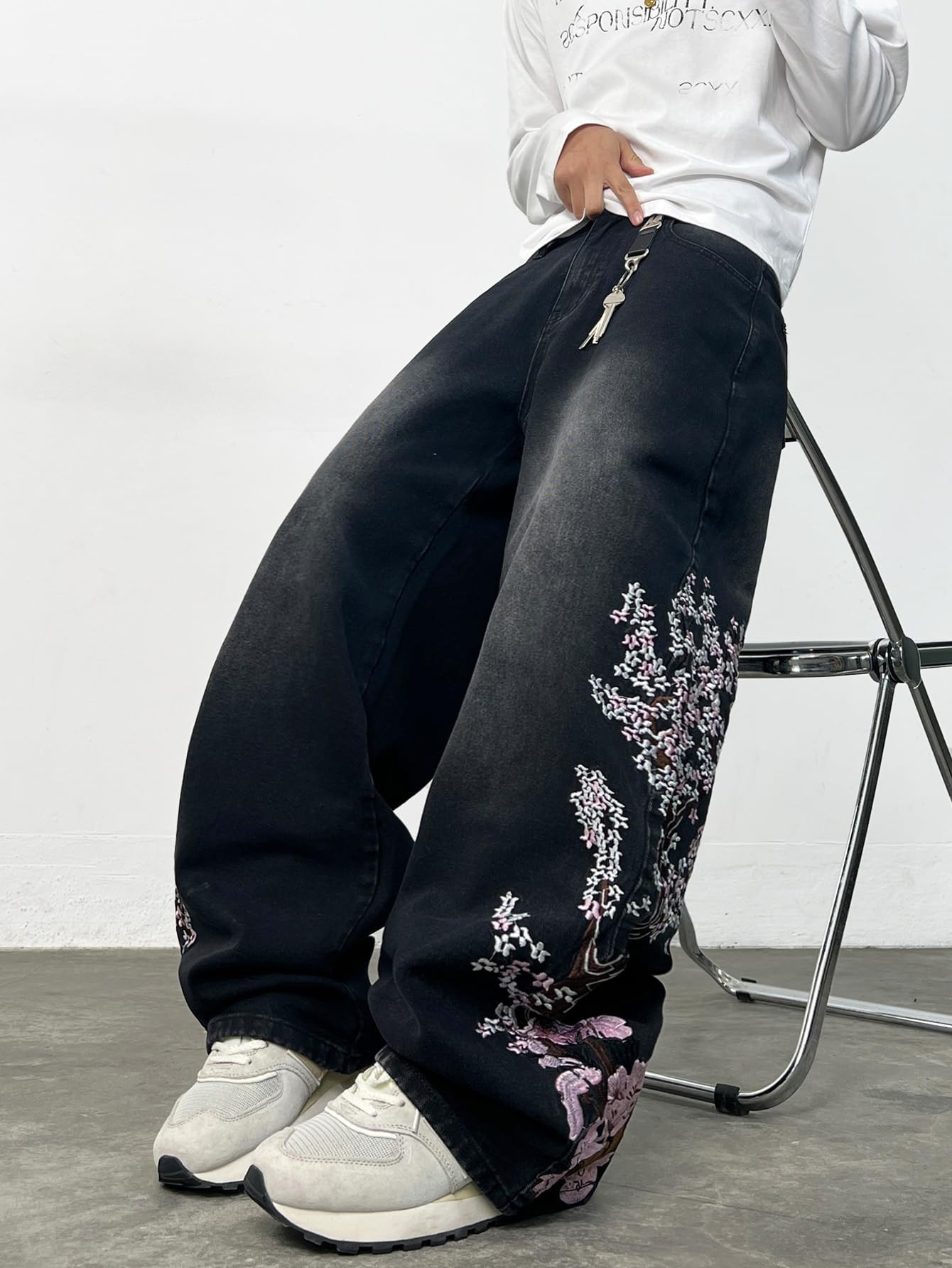 Jeans larghi da uomo con ricamo floreale, stile hip-hop, pantaloni in denim a gamba larga, streetwear