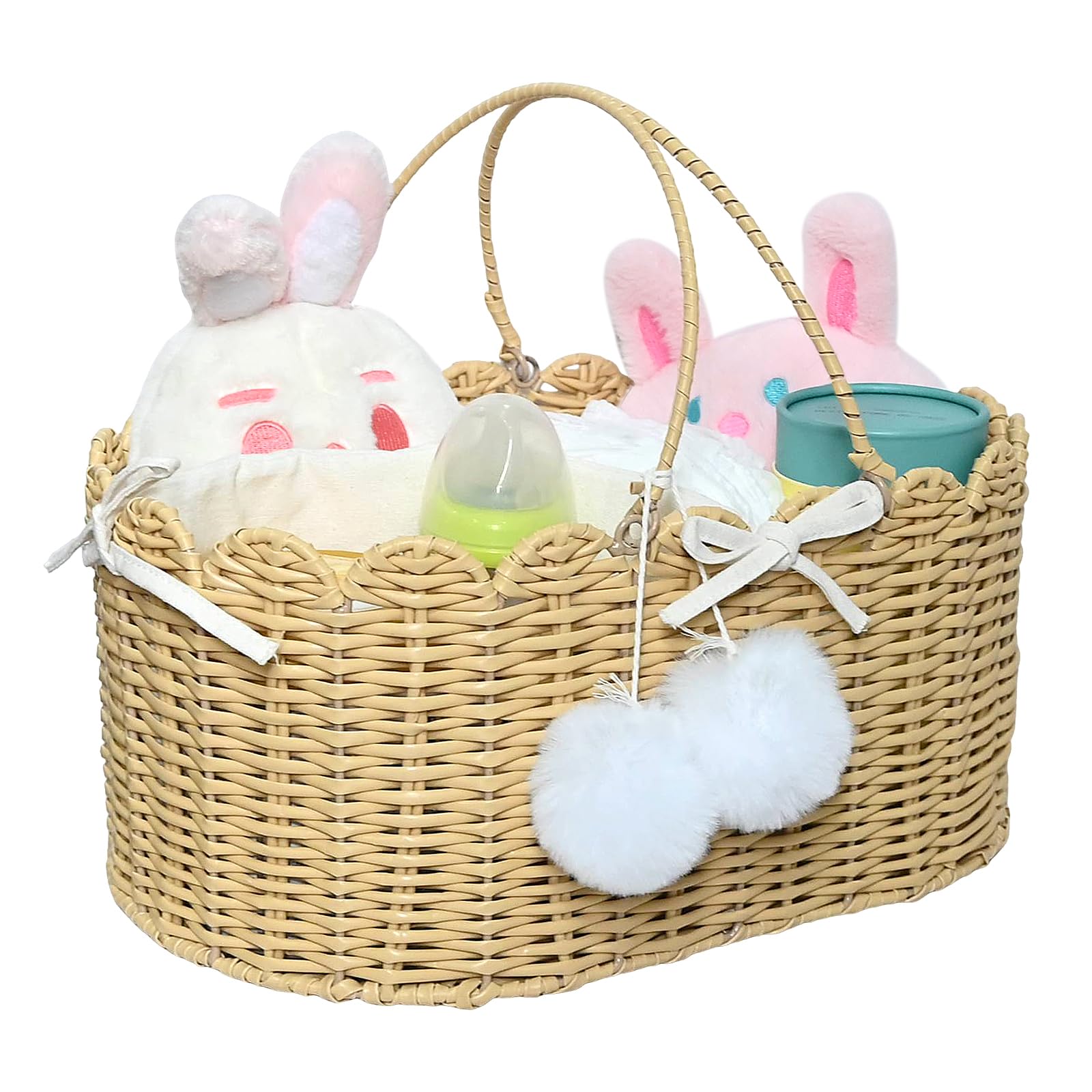 Stranthother Baby Scalloped Rattan Basket Handmade Woven Diaper Caddy Organizer Cute Nursery Diaper Moses Changing Shower Basket For