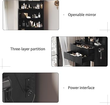 3 in 1 Vanity, Make up Vanity Desk with Mirror and Lights, Vanity Desk with Drawers and Storage, Modern Dressers for Bedroom, Wooden Dressing Table,No Stool, (Black, 21 W)
