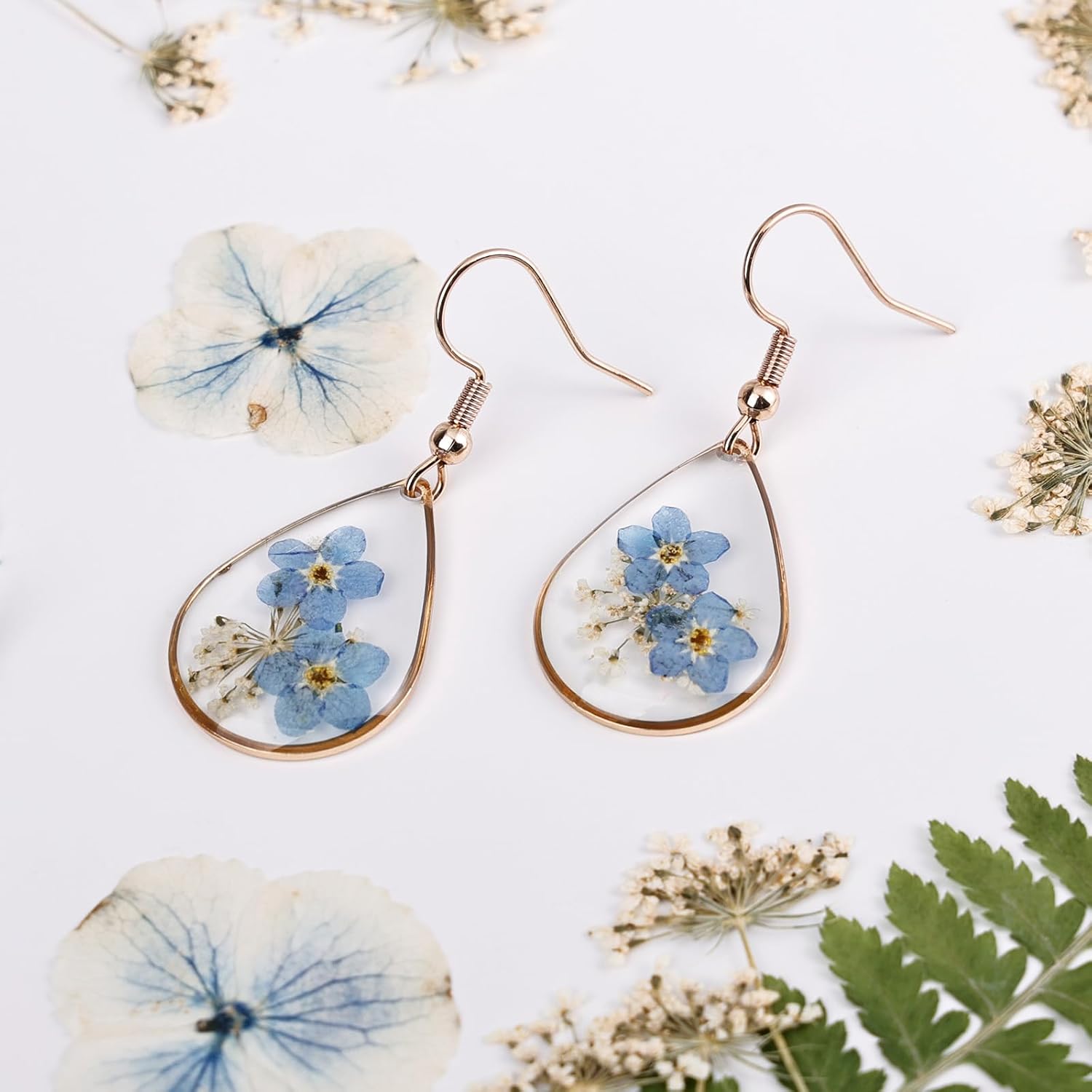 Forget Me Not Flower Earrings for Women - Pressed Floral Teardrop Dangle Earrings in 14K Gold Plated, Unique Resin Botanical Jewelry Gift - Image 5