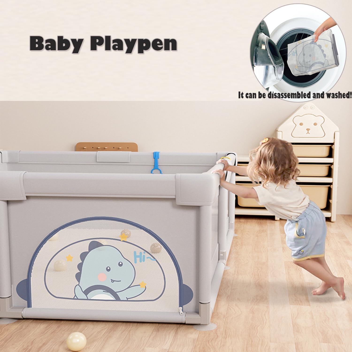 MONSTECH Large Baby Playpen 150x180cm Pit Balls Playpen for Baby up to 5 Years with Anti-Fall Rings, Safety Lock, Breathable Mesh, Kids Activity Center Play Pen (180-150-GreyPrinted) 2