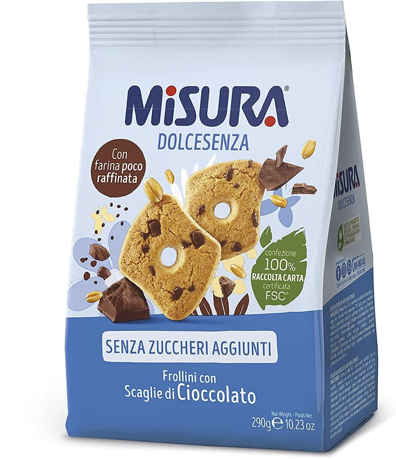 8X Misura Dolcesenza Frollini Biscotti con Scaglie di Cioccolato Senza Zuccheri Aggiunti 290g [CAIYA® BOX da 8 Confezioni]
