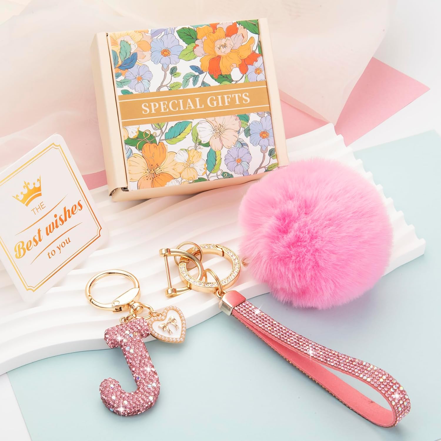 Initial Letter Keychain for Women Girl Bling Rhinestone Sparkly Bag Backpack Purse Charm Cute Pom Pom Key Chain Wristlet - Image 5