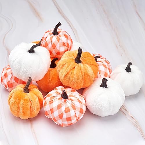 Miniatura 6 de Lamris Juego de 12 calabazas decorativas de terciopelo de espuma falsa para decoración de calabaza, centro de mesa, casa de campo, Acción de