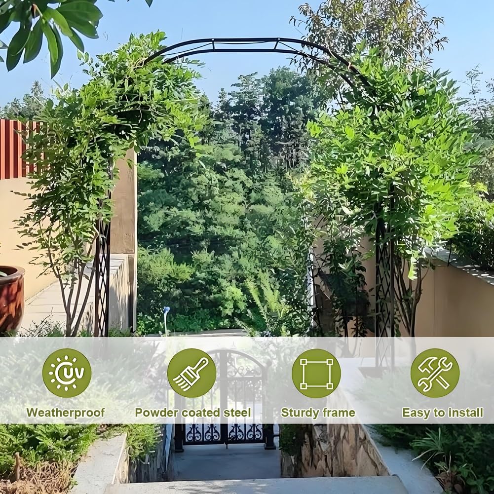 Wytrzymały łuk ogrodowy na rośliny pnące, róże, winorośl, zagęszczony metalowy altana, dekoracja ślubna, łuk pergola na trawnik, patio 1,40 m, 1,80 m, 2,0 m, 2,20 m, 2,40 m, 2,40 m, czarny, 2