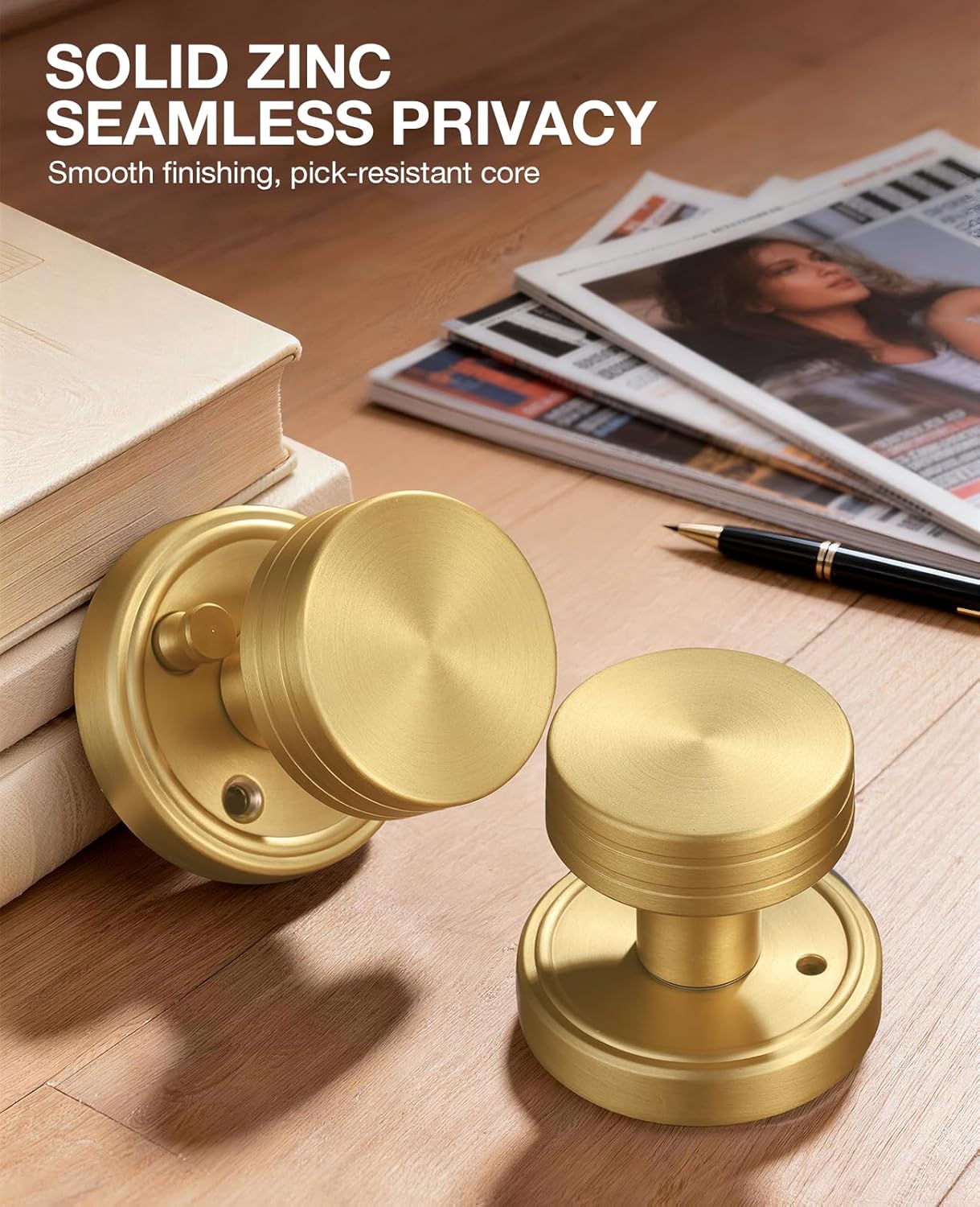 Privacy Brushed Gold Door Knobs Heavy Duty Zinc Alloy Round Interior Door Knobs with Lock,for Bathroom & Bedroom, Modern Privacy Lockset with Emergency Release, 1 Pack