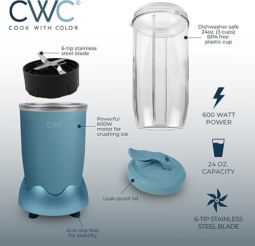 Miniatura 5 de COOK WITH COLOR Personal Power Licuadora de 600 W, capacidad de 24 onzas, tarro sin BPA, cuchillas para triturar hielo, ideal para batidos y más,