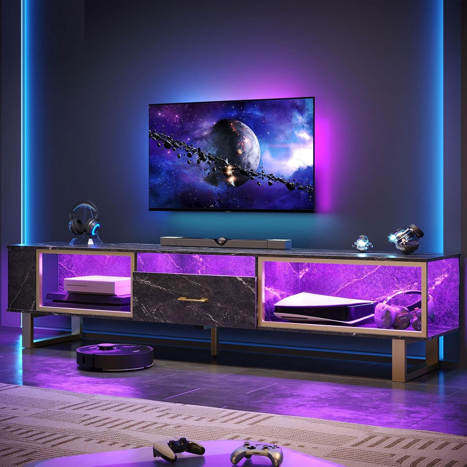 Bestier 80 Inch TV Stand for 65/75/85/90 Inch TVs, LED Gaming Entertainment Center for PS5 with Open Storage and Drawer, Modern High Gloss Media Console for Living Room Bedroom, Black Marble