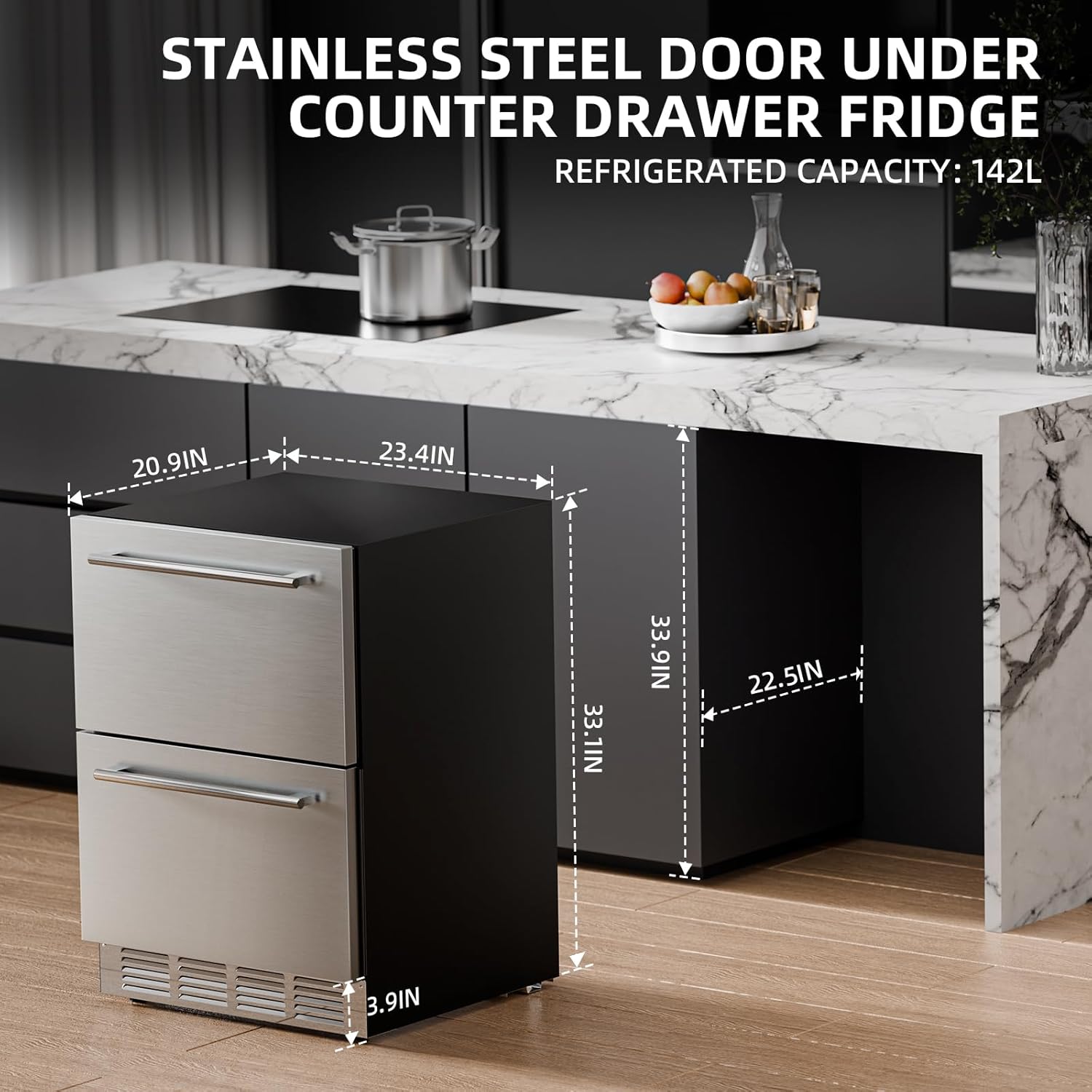 Diagram showing dimensions of the Antarctic Star Under Counter Drawer Refrigerator