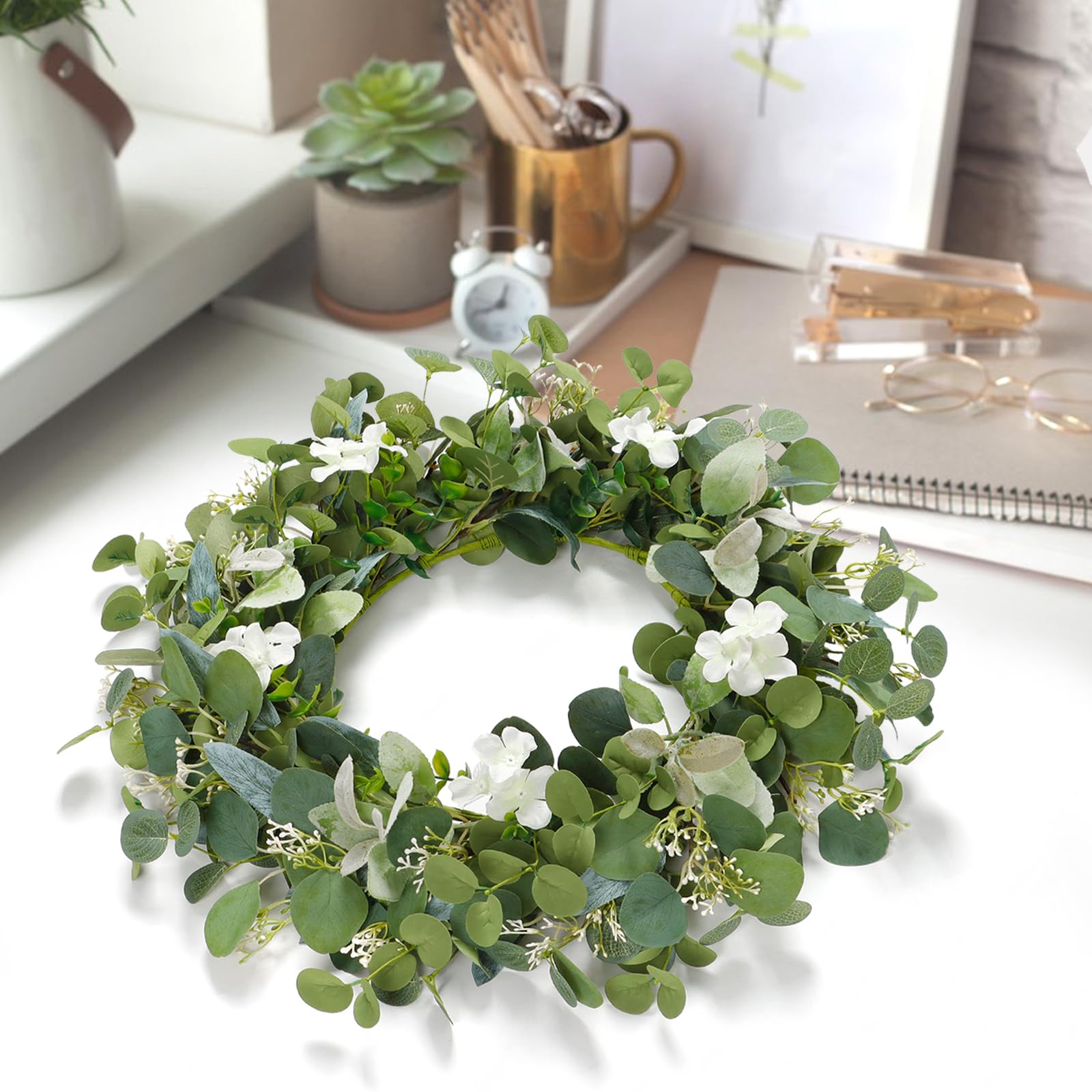 Couronne Eucalyptus Artificielle Verte 50 Cm - Déco Porte, Mur, Jardin - Baies Incluses - Sans Entretien - Style Naturel - 3