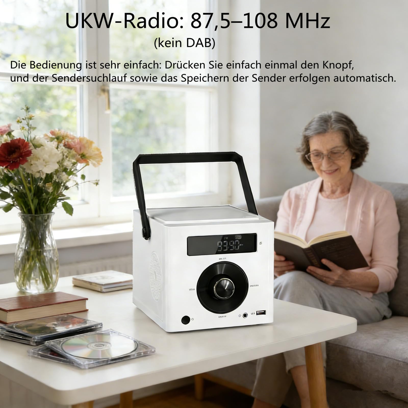 CD Player Tragbar mit Bluetooth, UKW Radio, 2000mAh wiederaufladbare Akku, MP3-Wiedergabe/USB/AUX-Eingang/Kopfhöreranschluss/Fernbedienung, 10W Lautsprecher, kompakter Tragbarer CD-Player, Weiß