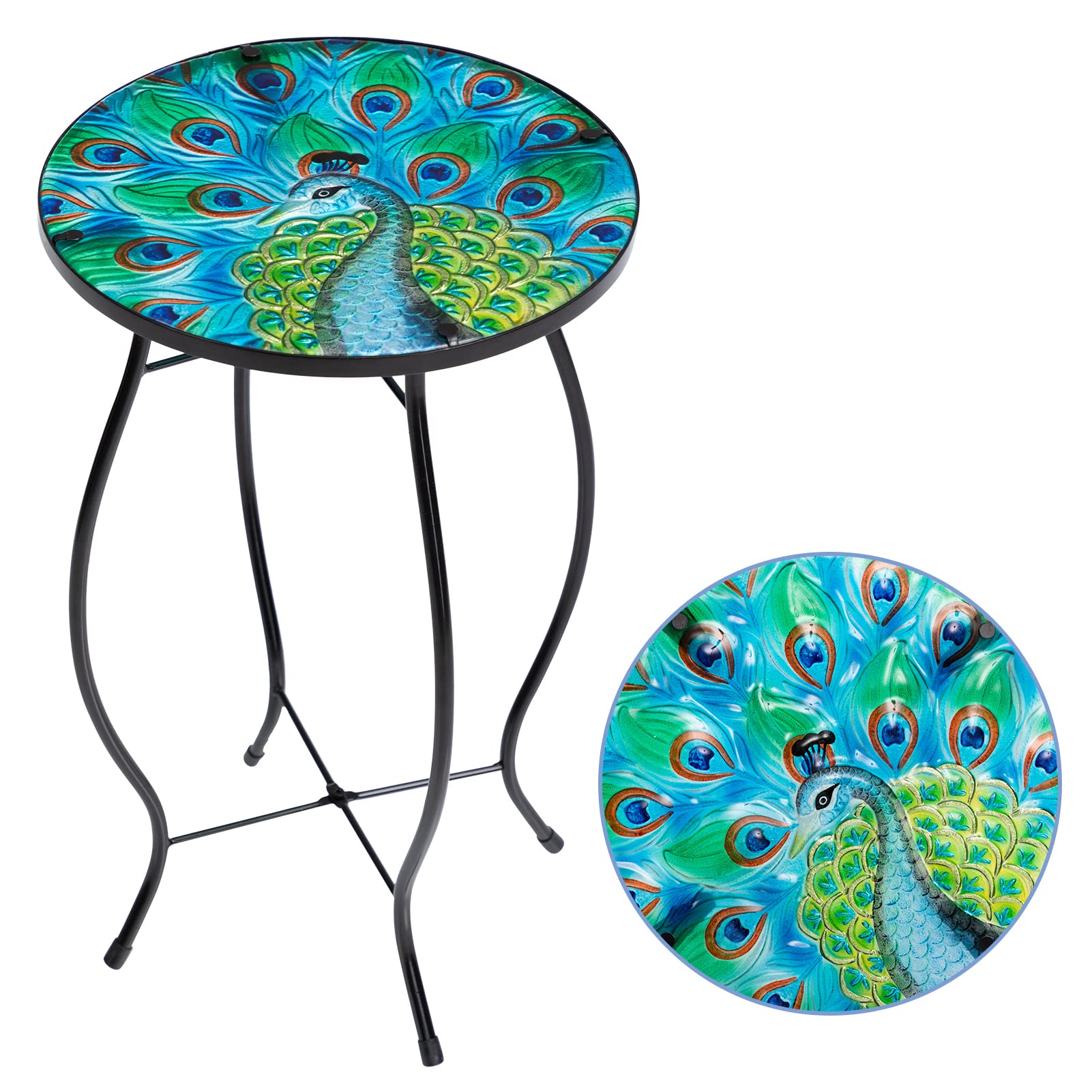 AGTEK Peacock Pattern Iron Outdoor Accent Table, Coffee Table,Outdoor Side Table, Round Small End Table Bistro for Porch, Patio Side Table for Garden, Porch, Balcony, Yard
