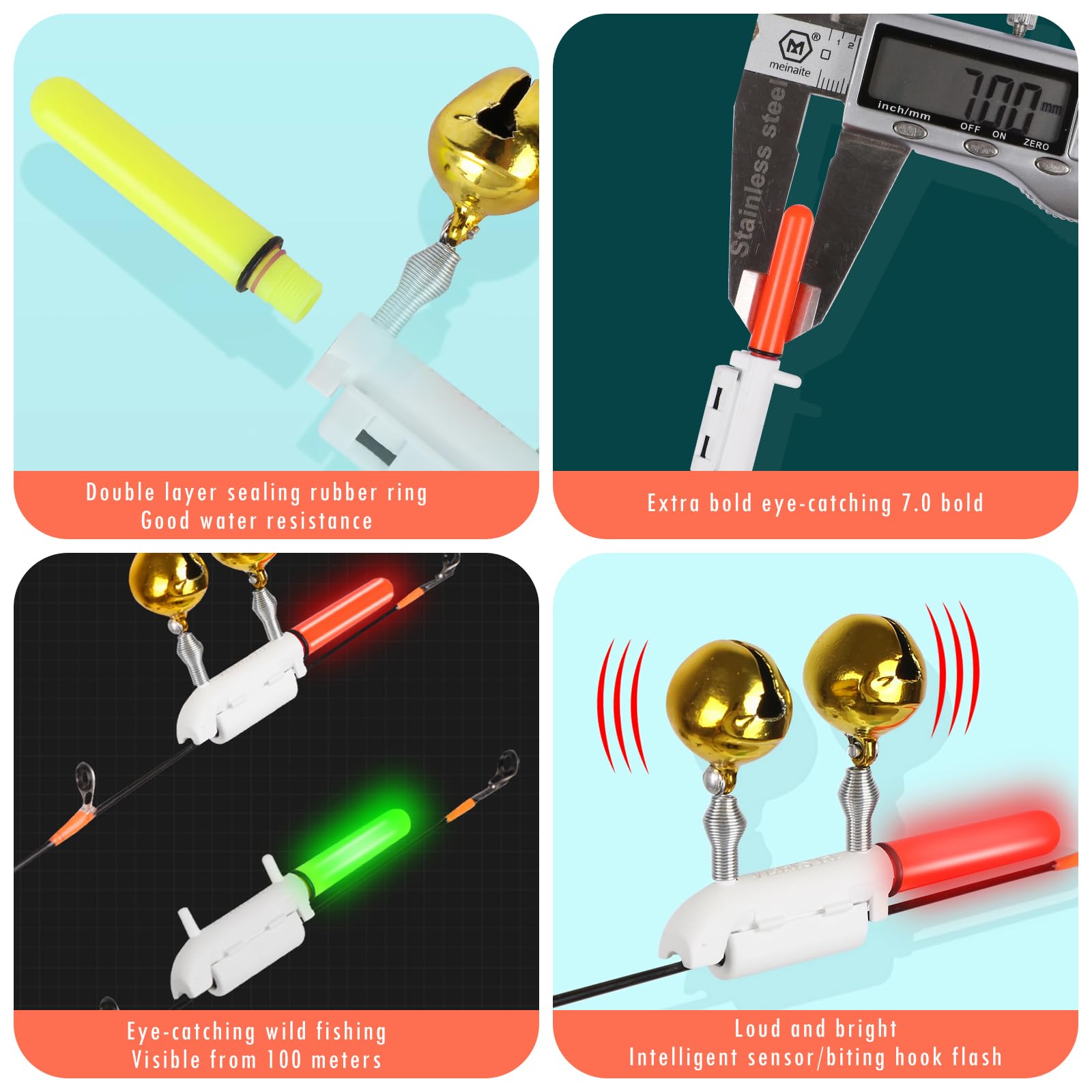 Détecteurs de touche de pêche OneNine, lot de 6 alarmes avec chargeur et lampe LED