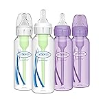 Dr. Browns Natural Flow Anti-Colic Options+ Narrow Baby Bottles, 8 oz/250ml, with Level 1 Slow Flow Nipple, 4 Pack, Purple/Clear