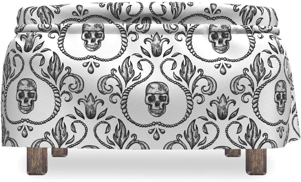 Lunarable Skull Ottoman Cover, Vintage Ornamental Skeleton, 2 Piece Slipcover Set with Ruffle Skirt for Square Round Cube Footstool Decorative Home Accent, Standard Size, Dark White