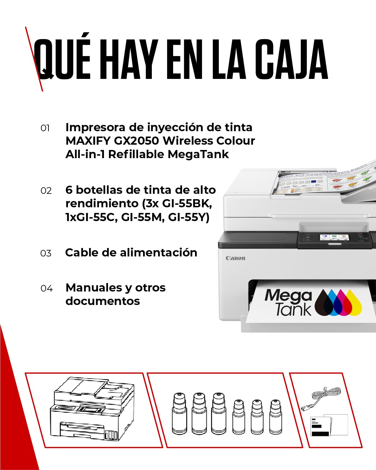 Canon MAXIFY GX2050 – Impresora MegaTank a Color, Copiadora, Escáner y Fax A4 | Hogar y Oficina | Conexión Wi-Fi, Ethernet y USB | Inyección de Tinta | Incluye 6 Botellas de Tinta