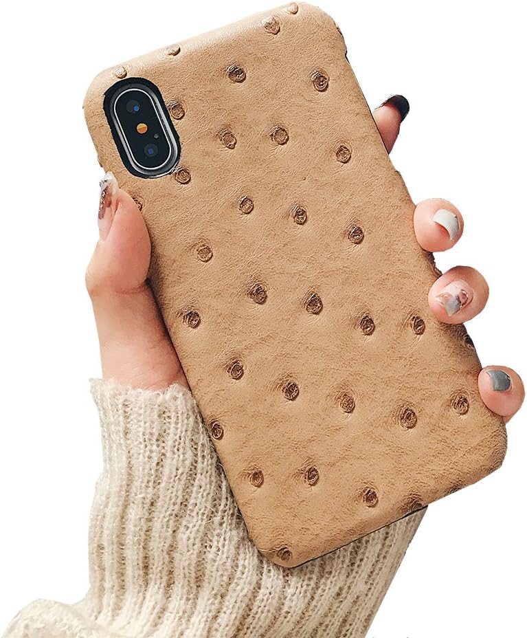 YonMeet Luxury Ostrich Grain Pattern Phone Case for iPhone X 10 Retro Geniune Leather Hard PC Back Cover (Beige)