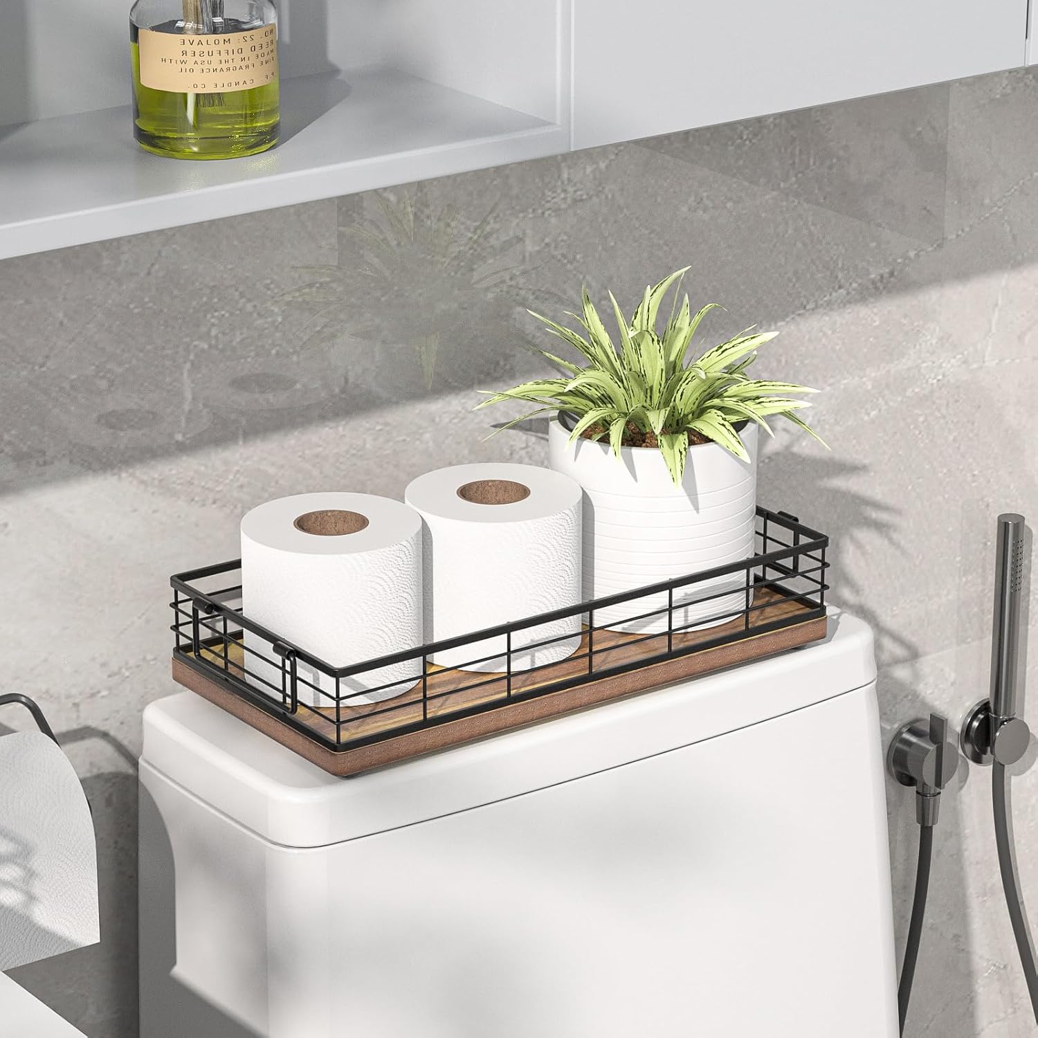 Acacia Toilet Paper Basket, 13 Inch Tank Tray Top of Toiletries Storage Organizer for Bathroom, Living Room and Kitchen (Acacia & Black) - Image 2