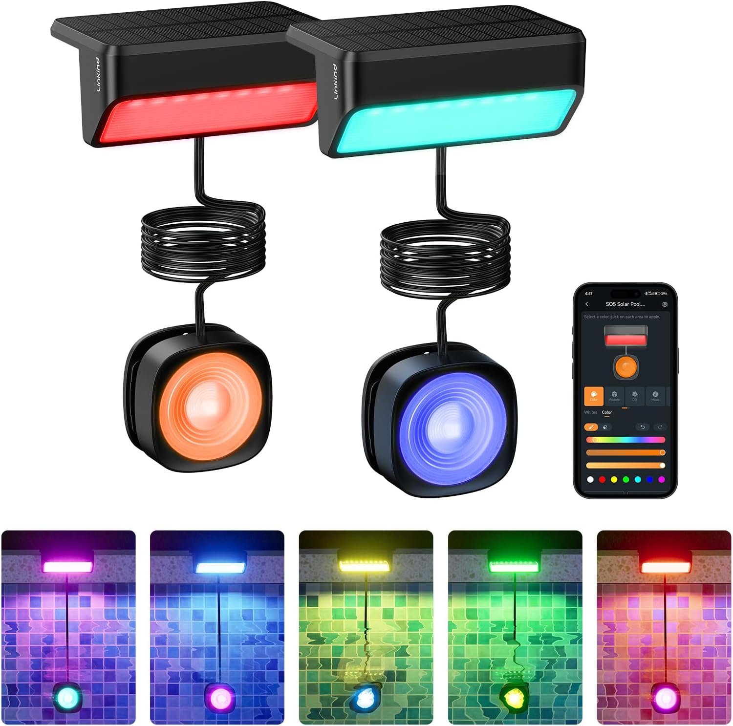 Linkind Upgrade Smart Solar Pool Lights for Inground & Above Ground Pool, IP68 Waterproof, AI Dotis APP Control, Pool Lights for Fence,Pond,2 Pack