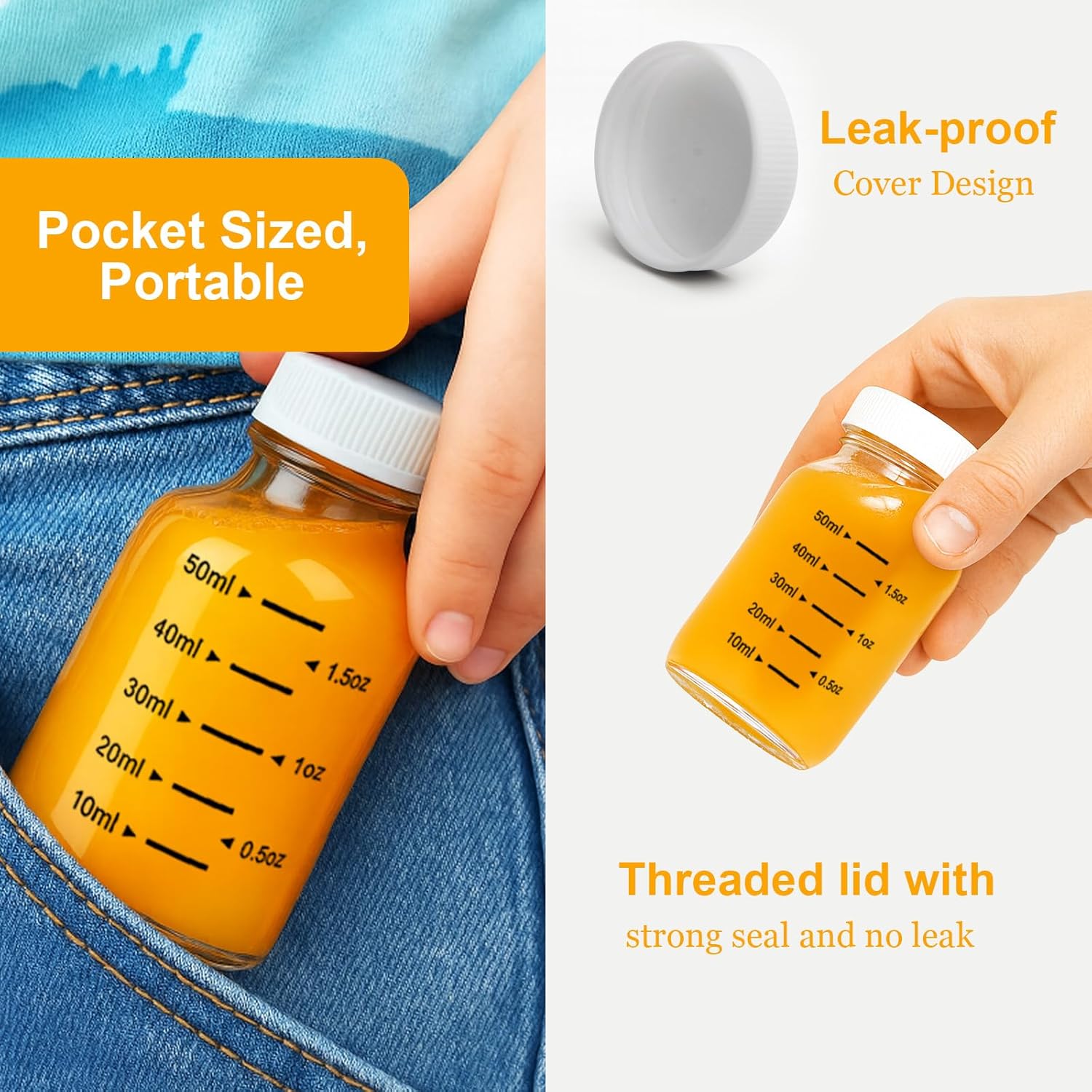 WERTIOO 48 Pack 2oz Glass Shot Bottles with White Caps – Leakproof Wellness Shot Glass Bottles with ml & oz Scale – Bulk Mini Glass Jars with Lids for Juicing, Ginger Shots, Catering & Events