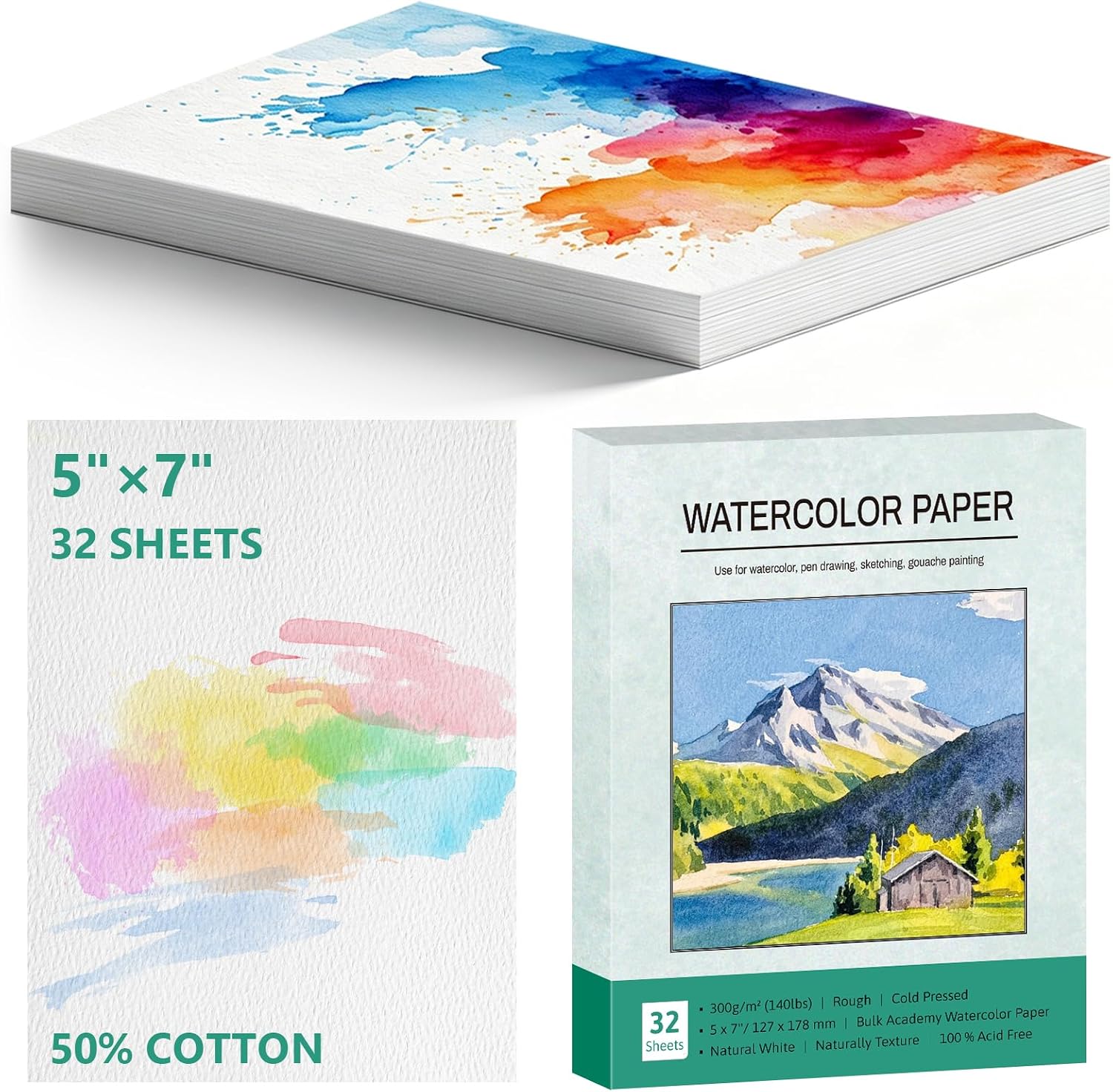60 Sheets 5x7 Watercolor Paper Bulk, 140lbs/300gsm Cold Press Water Color Paper, 50% Cotton Watercolors Paper, Acid-Free Natural White Paint Paper-Set as Art Supplies