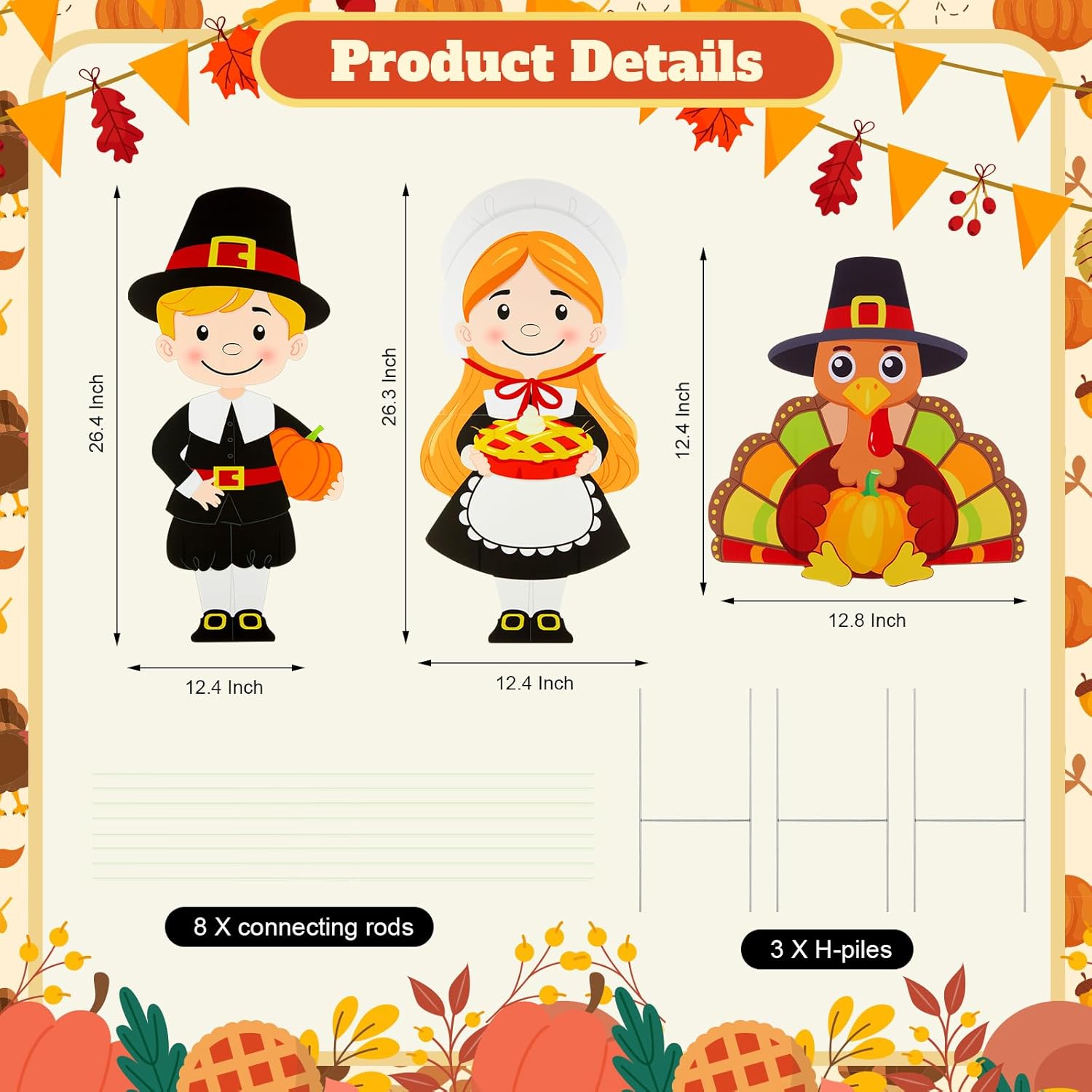 3 Pcs Thanksgiving Large Pilgrims Yard Signs with Stakes Turkey Thanksgiving Outdoor Decorations Fall Yard Stakes for Outside Autumn Lawn Garden