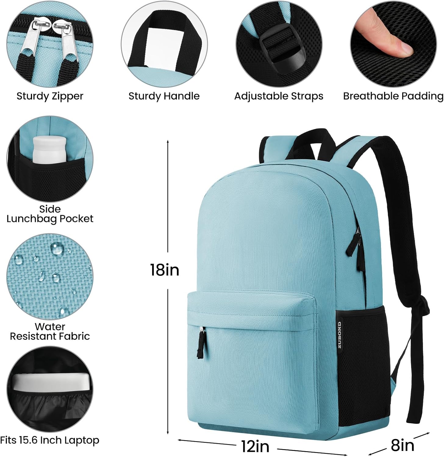 ZUBOND Unisex Backpack for School & Travel - Lightweight Laptop Backpack Fits 15.6 Inch Notebook, Water Bottle Pocket - Ideal for Teens, College Students, Adults