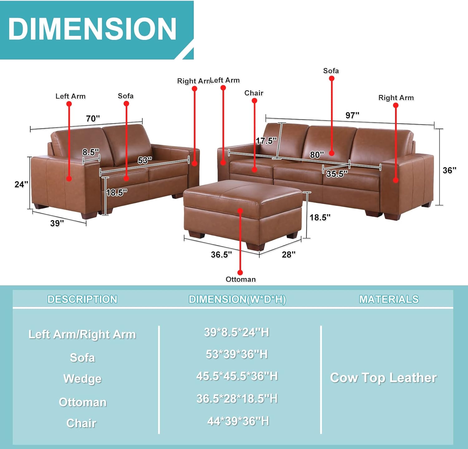 Top Grain Leather Sofa，Leather Sofa and Loveseat Set with Ottoman for Living Room Furniture Set，Italian Leather Couch for House/Office/Hotel(Brown，Sofa Loveseat 2 Pieces)