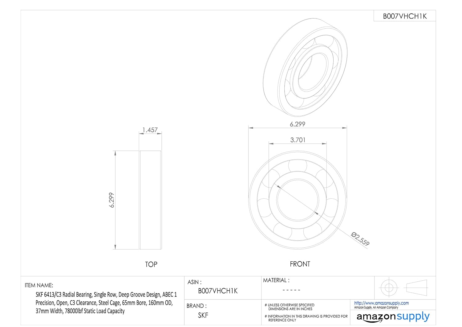 SKF 6306/C3 Radial Bearing, Single Row, Deep Groove Design, ABEC 1 Precision, Open, C3 Clearance, Steel Cage, 30mm Bore, 72mm OD, 19mm Width