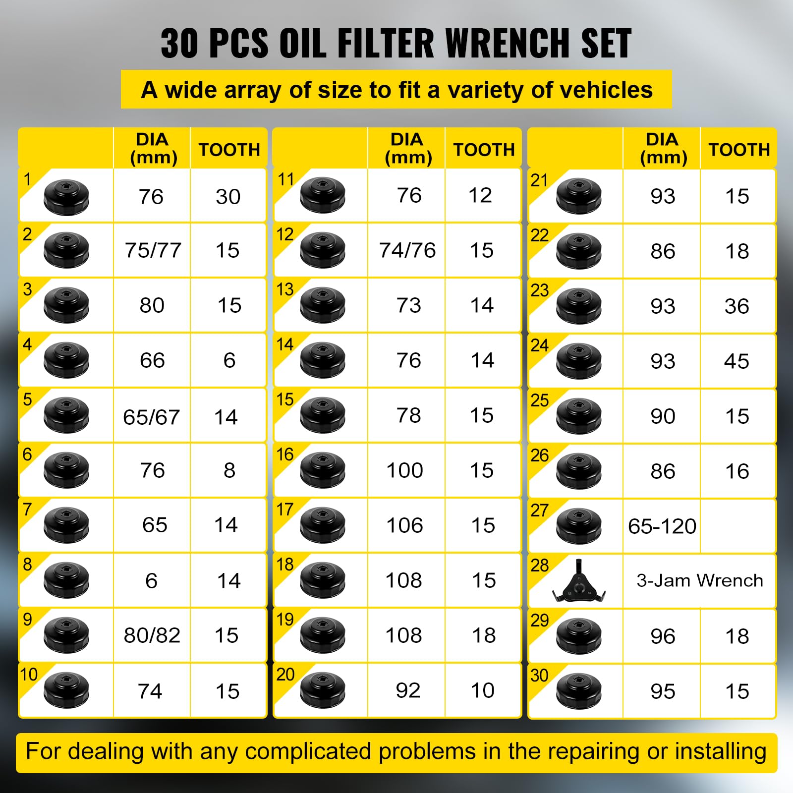 VEVOR Set di Chiavi a Tazza per Filtro Olio 30 Pezzi Set di Chiavi per Filtro Olio in Acciaio Testa 3/8 Pollici, Set Chiavi per Filtro Olio Auto Rimozione Filtro Olio 30 Pezzi in Valigetta Portatile