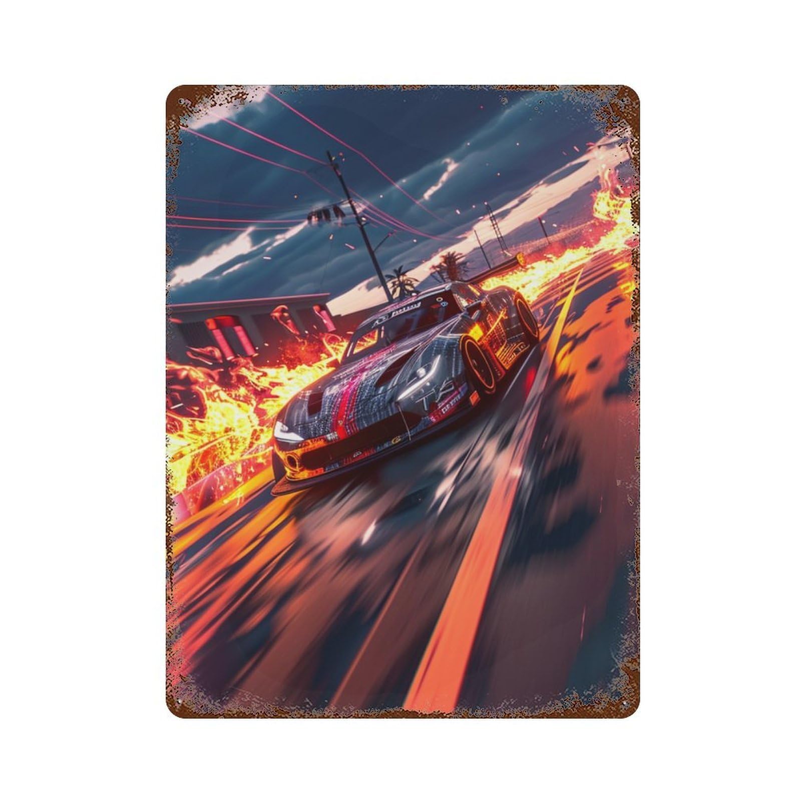 Distressed Metal Wall Sign Racing Car Speeding Through Flames 15.7"x11.8", Rustic Home Decor for Farmhouse, Kitchen And Entryway Decor