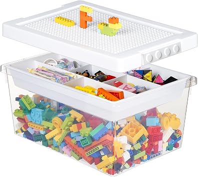 Greentainer Storage Bins with Lids for Lego Cube Kids Toy Box Stackable Plastic Boxes Organiser with Removable Tray Craft Containers for Building Blocks Bricks Puzzle Board Organizer Accessories