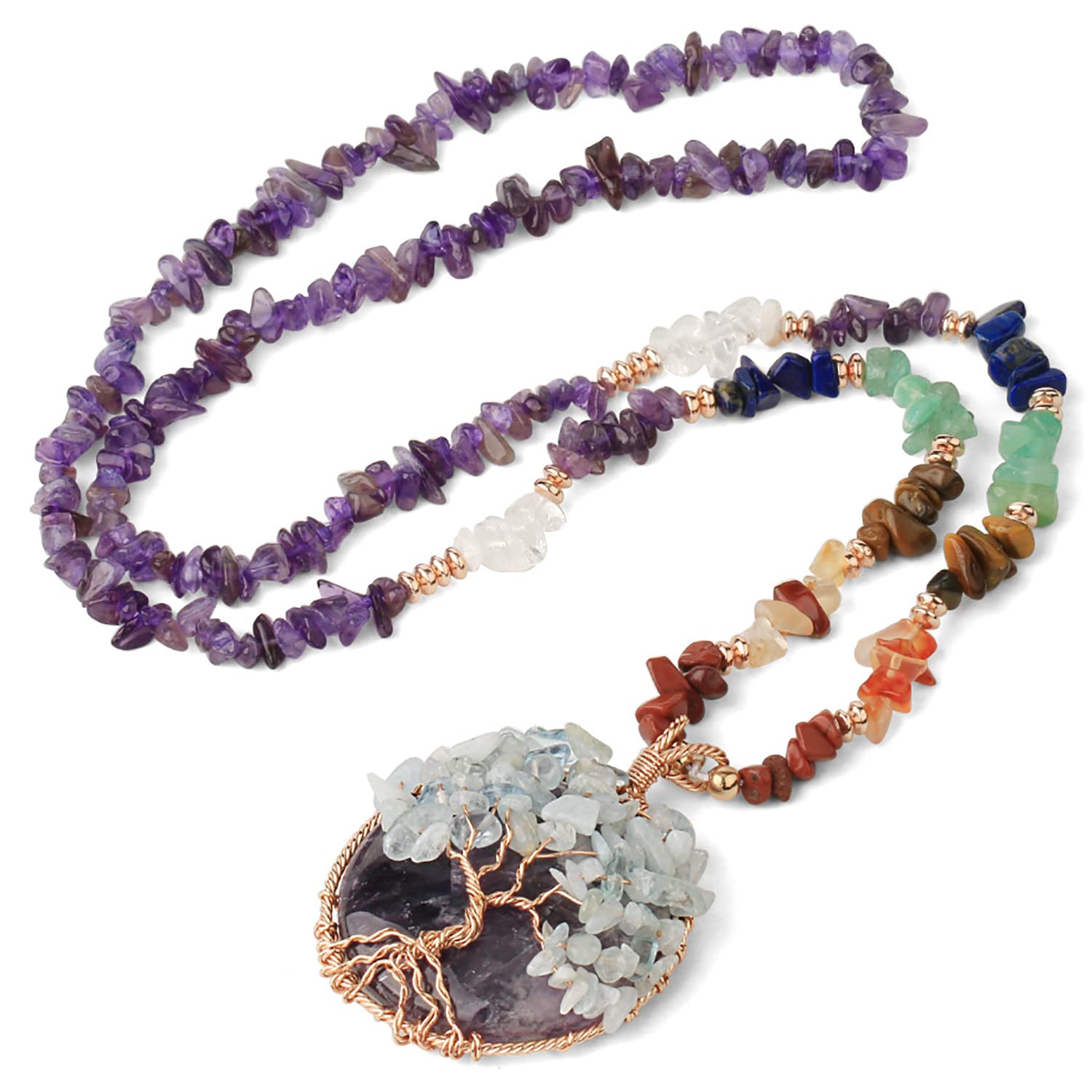 Spiritual Crystal Tree Of Life Ladies Necklace, Natural Stone Wire Wrap Pendant for Women, Chakra Reiki Stone Chips