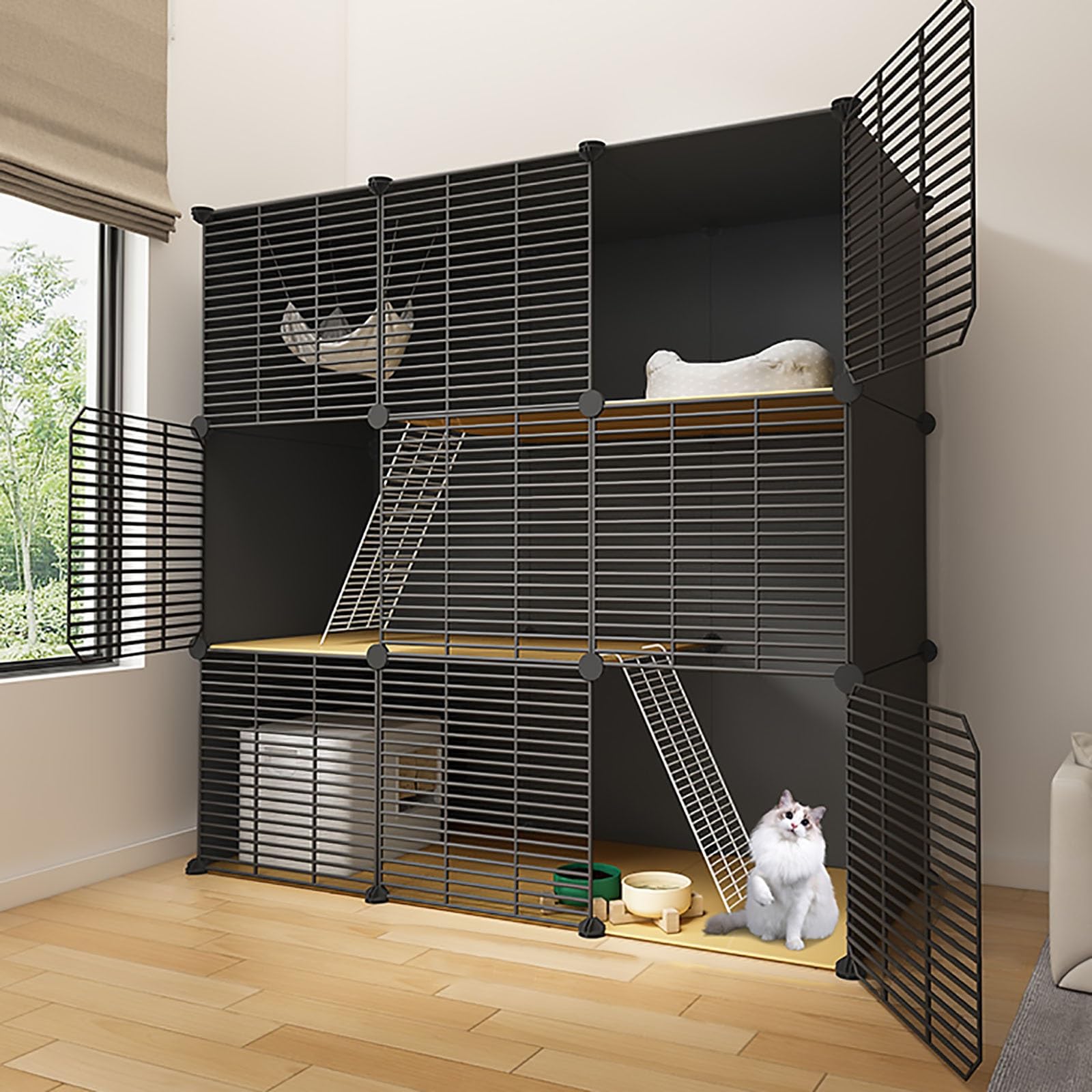 Cage pour chat robuste de 111 cm, enclos fermé en métal pour limiter les bêtises en intérieur
