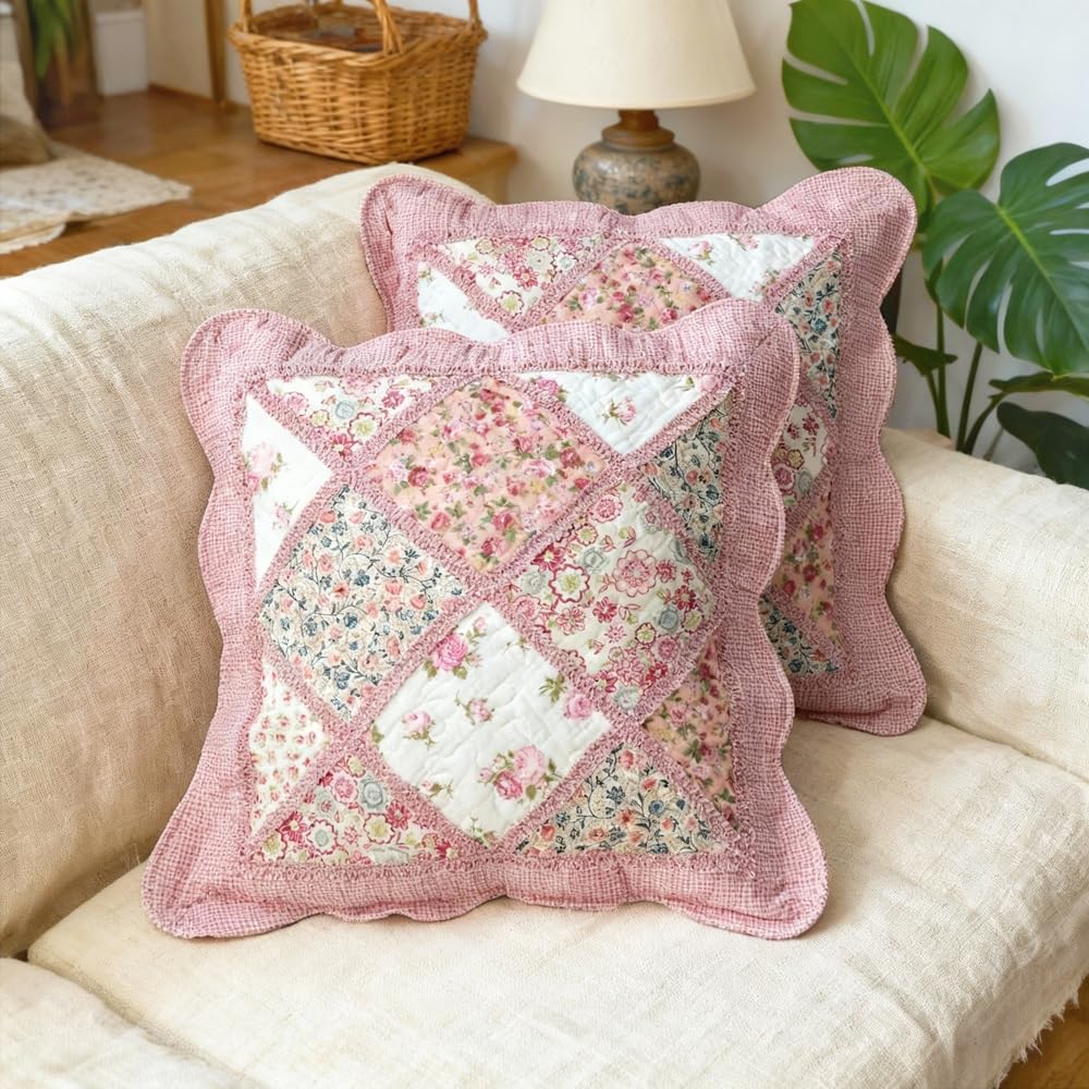 QIFONIX Vintage Patchwork Decorative Throw Pillow Cover, Floral Quilted Design with Pink Gingham Pattern, Scalloped Edge (Pink,18" x 18" (Pack of 2))