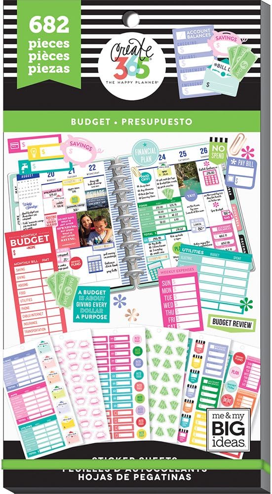 me & my BIG ideas Sticker Value Pack for Classic Planner - The Happy Planner Scrapbooking Supplies - Budget Theme - Multi-Color & Gold Foil - Great for Projects & Albums - 30 Sheets, 682 Stickers