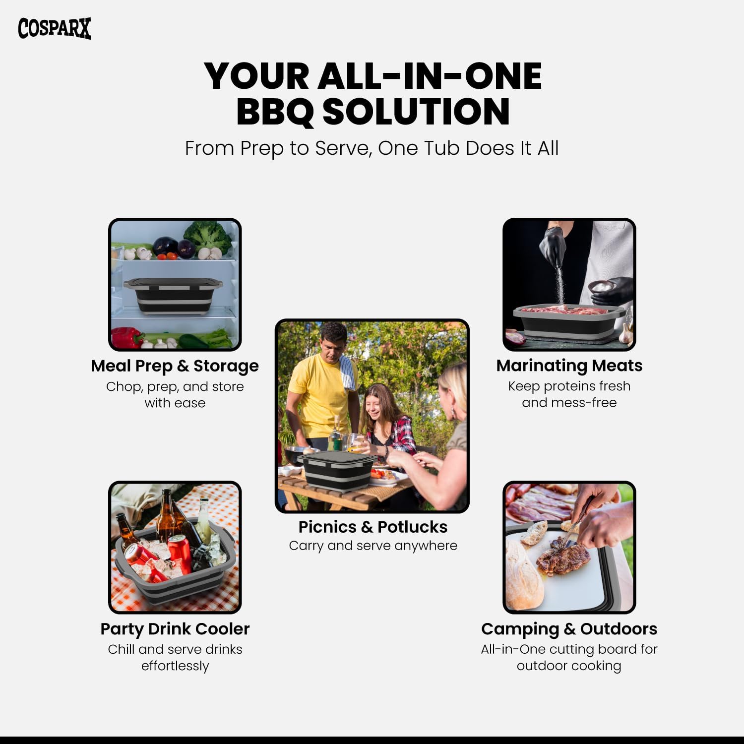 XL Collapsible BBQ Prep Tub with Cutting Board & Drain Plug – Portable Food Prep Station for Kitchen, Camping & Grill – Dishwasher Safe, Space-Saving Design – Heat-Resistant Glove Included (Black)