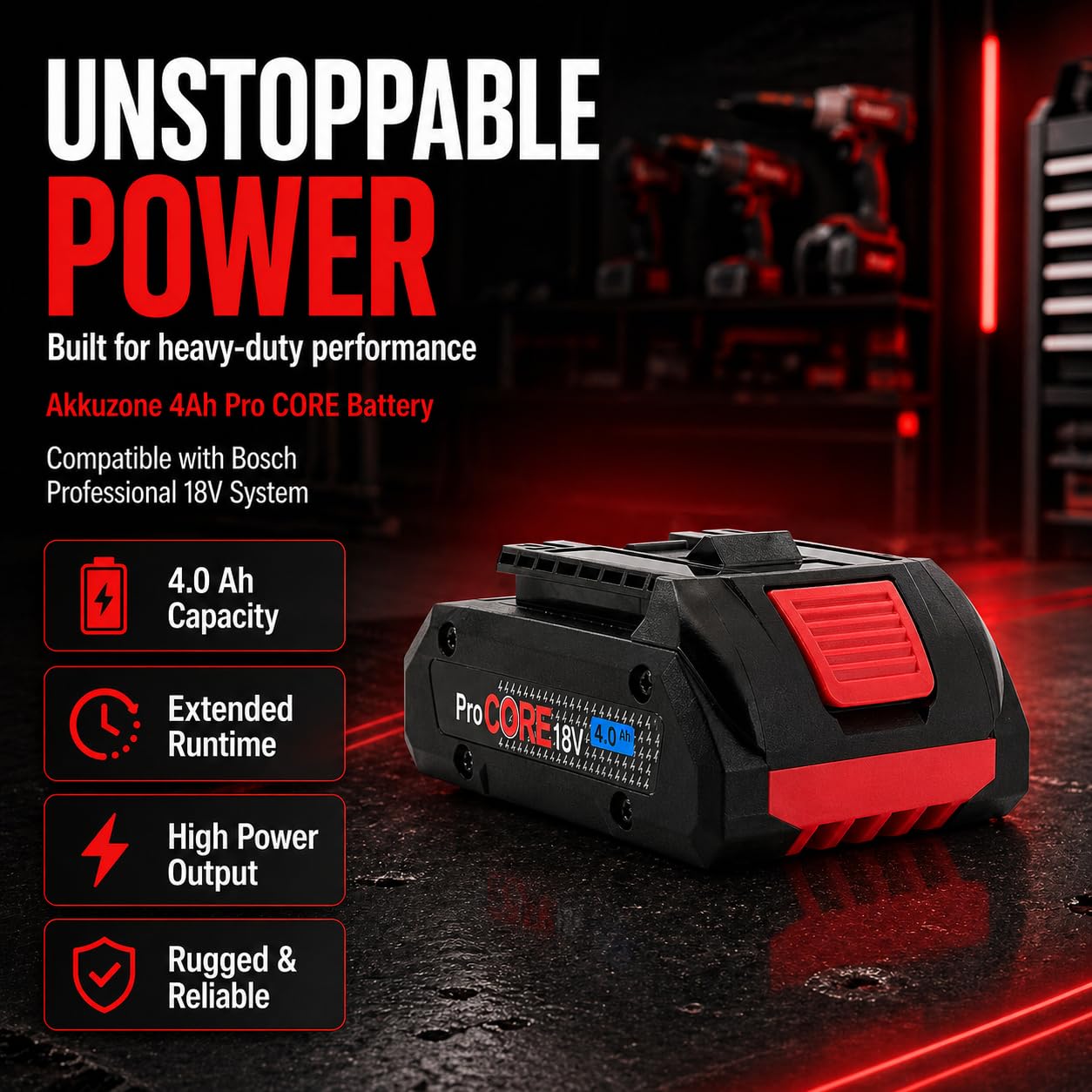 Batería de 4,0 Ah compatible con sistema Bosch Professional 18 V – Batería de repuesto de iones de litio de alto rendimiento – para dispositivos GBA/ProCORE – Larga duración y alto rendimiento
