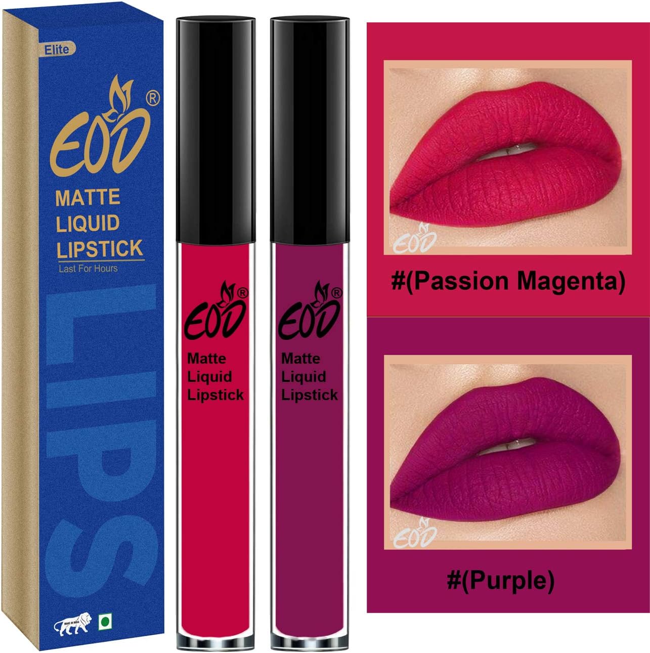 Soft Matte Kiss Proof Vegan Made in India Liquid Lipstick Long Wearing Set of 2 Lip Gloss(Passion Magenta, Purple)