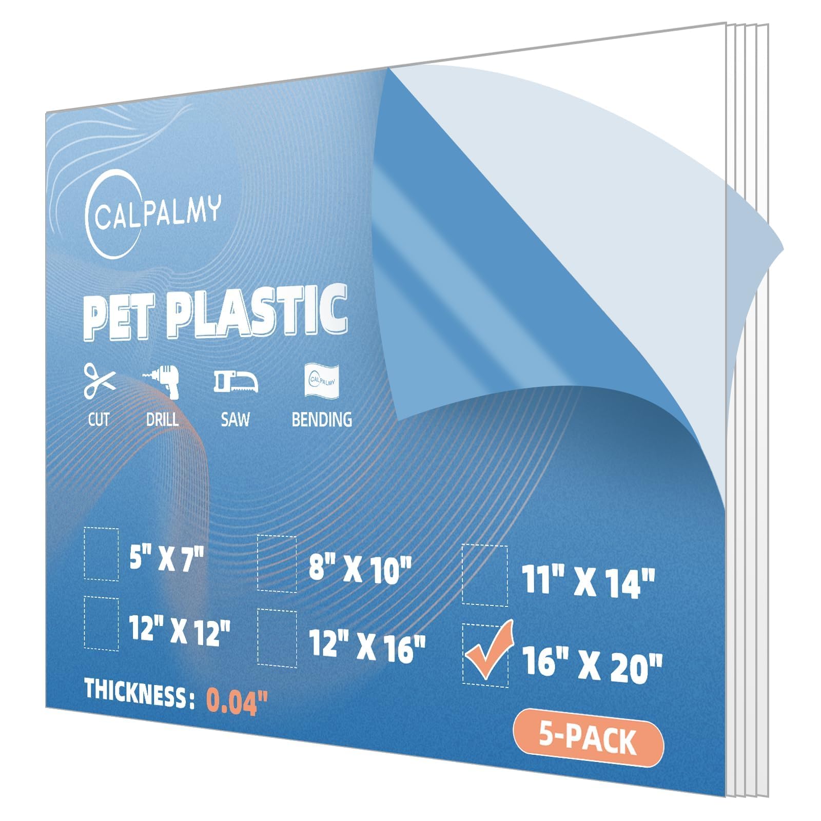 CALPALMY 5-Pack 16x20 Clear PET Plastic Sheets, 0.04" Thick Flexible Transparent Panels, Shatter-Resistant Plexiglass Alternative for Picture Frames,