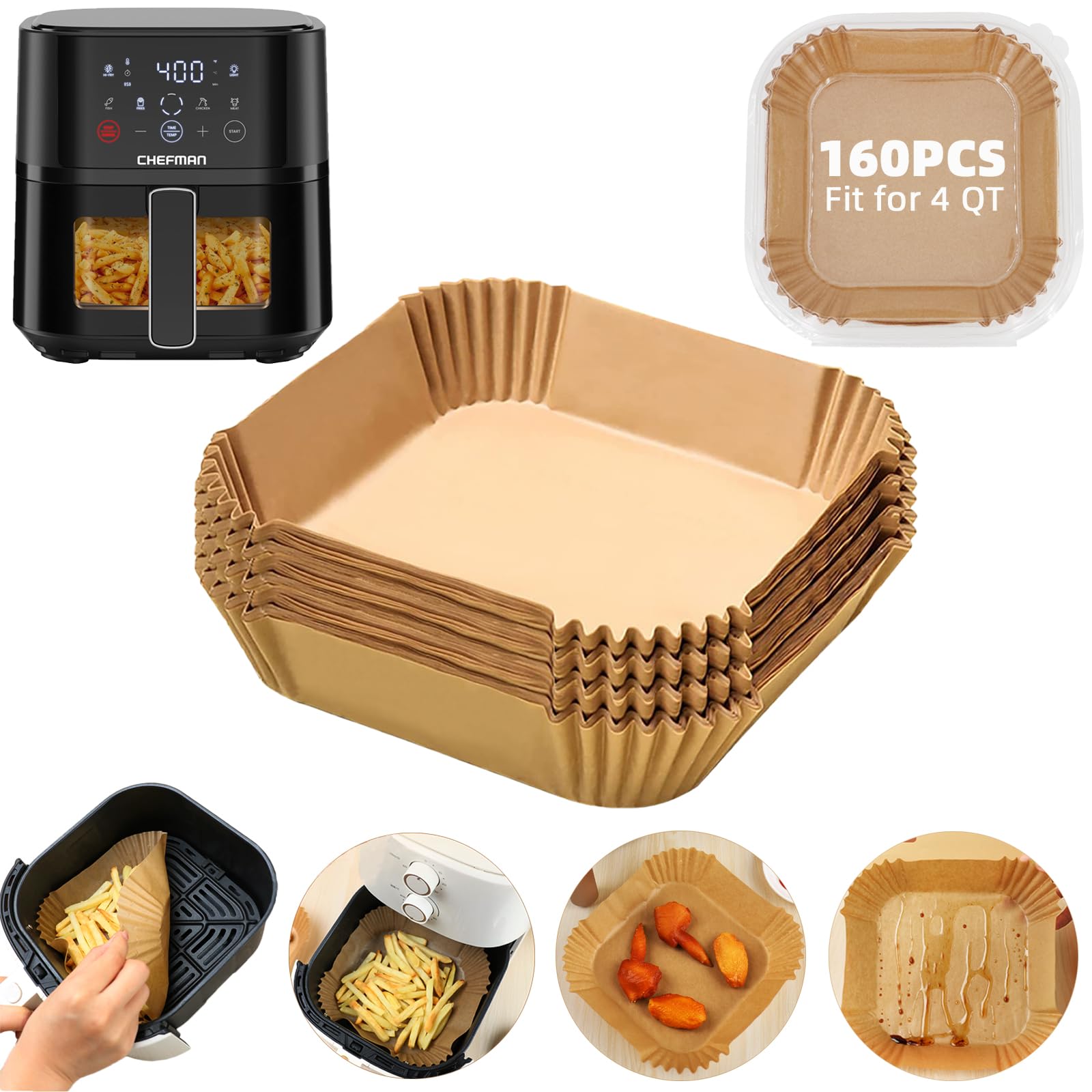 Air Fryer Liners Disposable 4QT for CHEFMAN Air Fryer,160PCS Square Air Fryer Parchment Paper Liners for 4QT Air fryer,Non-Stick Waterproof Airfryer Liners