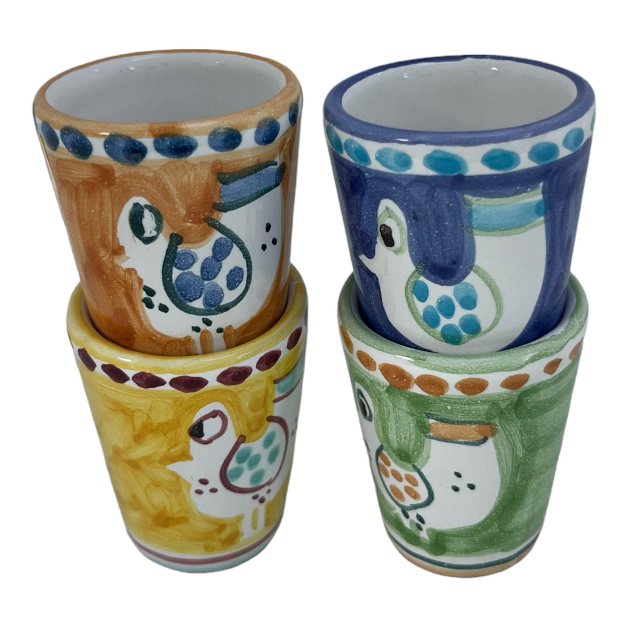 Set of 4 Hand-Painted Italian Ceramic Limoncello Glasses – 1.25 oz – Made in Italy – Colorful Chicken Design – Traditional Shot Glasses for Limoncello, Grappa, or Espresso